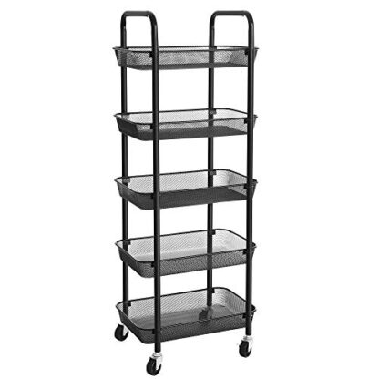 Black Rolling Cart, 5-Tier Metal Storage Cart, Kitchen Storage Trolley with 2 Brakes, Utility Cart with Handles, Easy Assembly, for Bathroom - Image 9