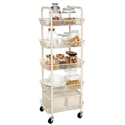 White Rolling Cart, 5-Tier Metal Storage Cart, Kitchen Storage Trolley with 2 Brakes, Utility Cart with Handles, Easy Assembly, for Bathroom - Image 2