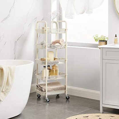 White Rolling Cart, 5-Tier Metal Storage Cart, Kitchen Storage Trolley with 2 Brakes, Utility Cart with Handles, Easy Assembly, for Bathroom - Image 7