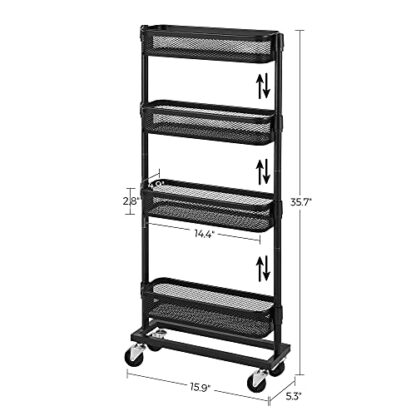 Black Slim Storage Cart, 4-Tier Slide-Out Trolley for Small Spaces, Bathroom and Kitchen, with Wire Baskets, Space Saving, Easy Assembly - Image 5