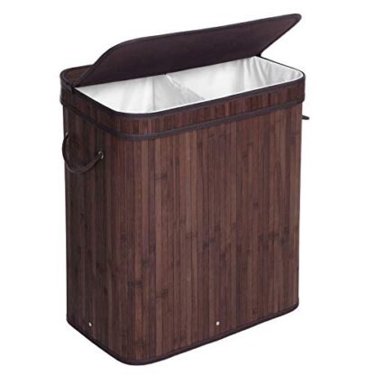 Brown Double Laundry Hamper with Lid, Divided Laundry Basket with Handles, Bamboo Hamper with Liner for Laundry Room, Bedroom, 100L - Image 8