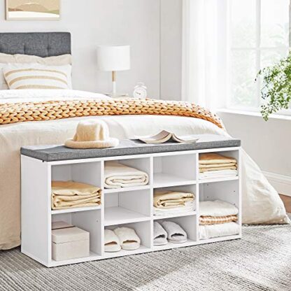 White + Grey Shoe Bench, Storage Bench, Shoe Rack Bench, Shoe Shelf, Storage Cabinet, 10 Compartments, with Cushion, for Entryway, 40.9 x 11.8 x 18.9 Inches, - Image 6