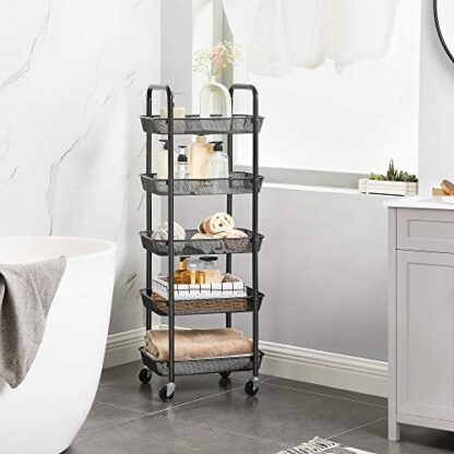 Black Rolling Cart, 5-Tier Metal Storage Cart, Kitchen Storage Trolley with 2 Brakes, Utility Cart with Handles, Easy Assembly, for Bathroom - Image 7