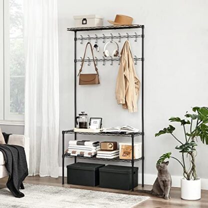 Black Metal Hall Tree, Coat Rack with Shoe Rack for Entryway, Adjustable Shoe Shelf and Hanging Rails - Image 2