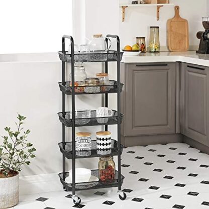 Black Rolling Cart, 5-Tier Metal Storage Cart, Kitchen Storage Trolley with 2 Brakes, Utility Cart with Handles, Easy Assembly, for Bathroom - Image 8