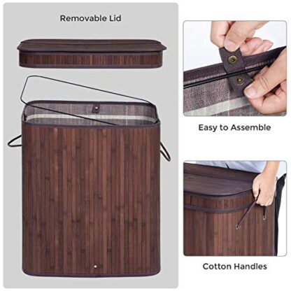 Brown Double Laundry Hamper with Lid, Divided Laundry Basket with Handles, Bamboo Hamper with Liner for Laundry Room, Bedroom, 100L - Image 6