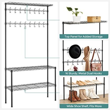 Black Metal Hall Tree, Coat Rack with Shoe Rack for Entryway, Adjustable Shoe Shelf and Hanging Rails - Image 6