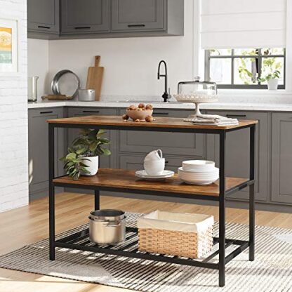 Rustic Brown Kitchen Island with 3 Shelves, 47.2 Inches Kitchen Shelf with Large Worktop, Stable Steel Structure, Industrial, Easy to Assemble - Image 4