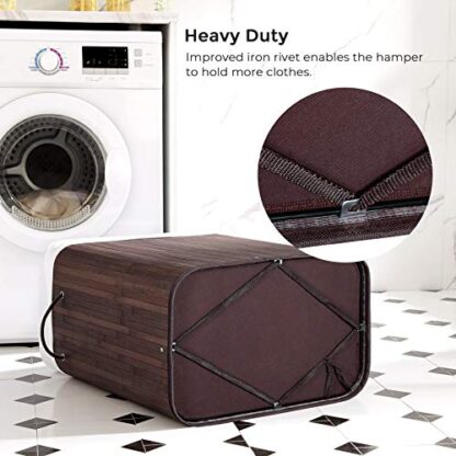 Brown Double Laundry Hamper with Lid, Divided Laundry Basket with Handles, Bamboo Hamper with Liner for Laundry Room, Bedroom, 100L - Image 2