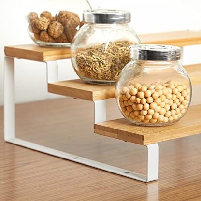 2 Sets of 2 White Bamboo Shelf Organizers and Spice Racks Bundle, 2 Sets of 2 Cabinet Organizers - Image 4