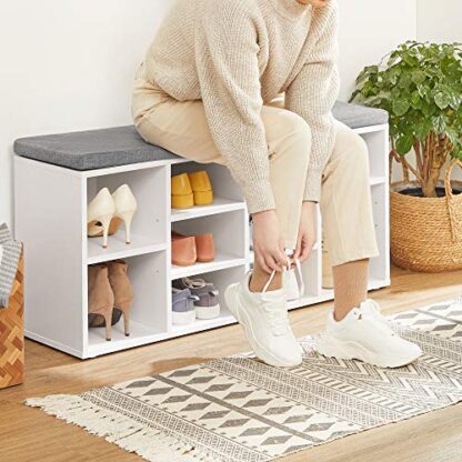 White + Grey Shoe Bench, Storage Bench, Shoe Rack Bench, Shoe Shelf, Storage Cabinet, 10 Compartments, with Cushion, for Entryway, 40.9 x 11.8 x 18.9 Inches, - Image 5