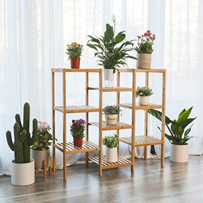 Natural Bamboo Customizable Plant Stand Shelf Flower Pots Holder Display Rack Utility Shelf Bathroom Rack 9-Tier Storage Rack Shelving Unit - Image 6