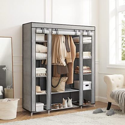 Gray With Herringbone Pattern Wardrobe, Closet, Portable Clothes Storage Organizer with Hanging Rail, Shelves, Fabric Cover - Image 7