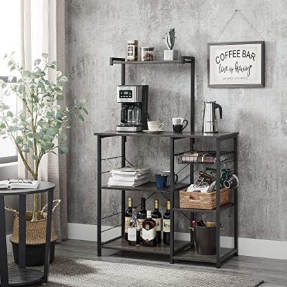 Charcoal Gray + Black Baker's Rack, Coffee Station, Microwave Oven Stand, Kitchen Shelf with Wire Basket, 6 S-Hooks, Utility Storage for Spices, Pots, and Pans - Image 5