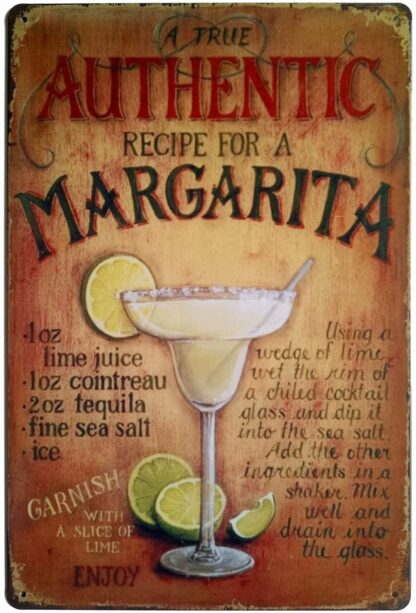 8x12 inch A True Authentic Recipe for a Margarita Tin Sign Wall Retro Metal Bar Pub Poster Metal