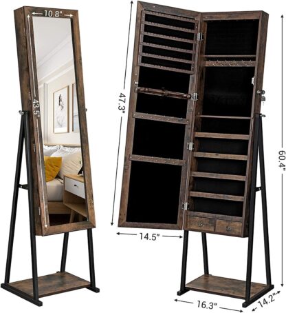 Brown Industrial Mirror Jewelry Cabinet Armoire,6 LEDs Mirrored Jewelry Storage, Wood Look with Stable Metal Frame - Image 6