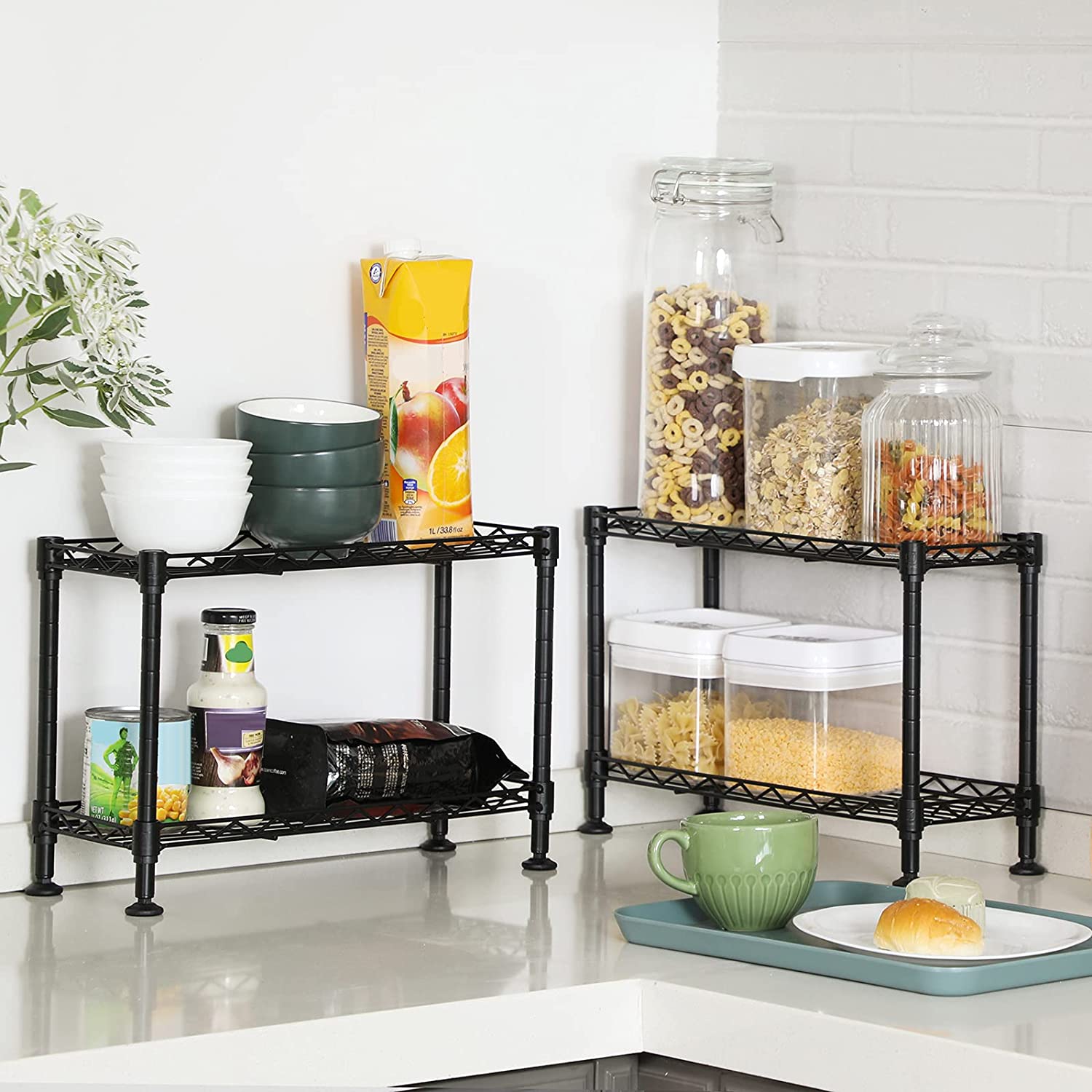 Set of 2 Black Spice Racks 2 Tier Sturdy Kitchen Shelves