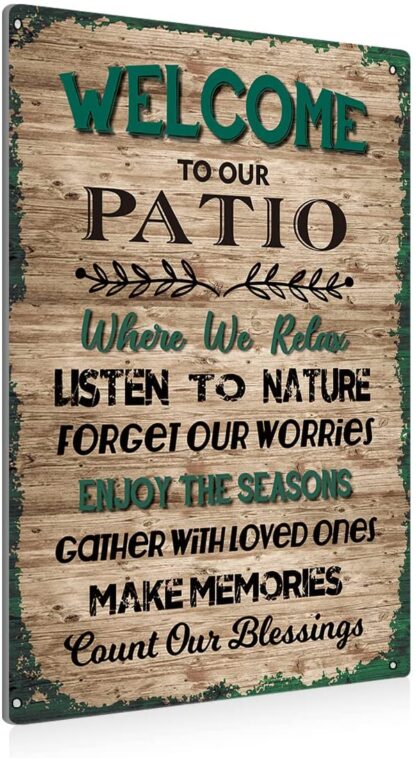 8x12 inch Patio Sayings Metal Tin Sign Wall Decor - Retro Welcome to Our Patio Tin Sign for Home Outdoor Patio Decor Gifts