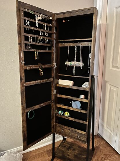 Brown Industrial Mirror Jewelry Cabinet Armoire,6 LEDs Mirrored Jewelry Storage, Wood Look with Stable Metal Frame