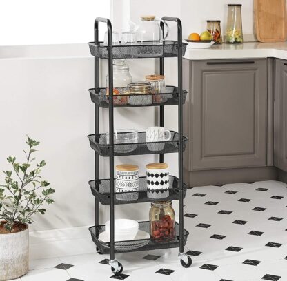 Black Rolling Cart, 5-Tier Metal Storage Cart, Kitchen Storage Trolley with 2 Brakes, Utility Cart with Handles, Easy Assembly, for Bathroom