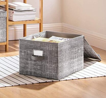 Set of 3 Heather Gray Fabric Storage Bins with Lids, Foldable Storage Boxes with Lids, Fabric Cubes with Label Holders, Storage Bins Organizer