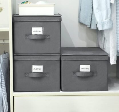 3PCS Gray Large Storage Cubes Bin Box with Lids and Handles, Non-Woven Fabric Foldable Cloth Organizer