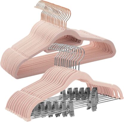 50 Pink Velvet Coat Hangers Bundle with 30 Skirt Hangers, Space-Saving Closet Organization, Swivel Hooks