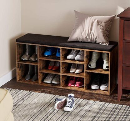 Rustic Brown + Brown Shoe Bench, Storage Bench, Shoe Rack Bench, Shoe Shelf, Storage Cabinet, 10 Compartments, with Cushion, for Entryway, 40.9 x 11.8 x 18.9 Inches,