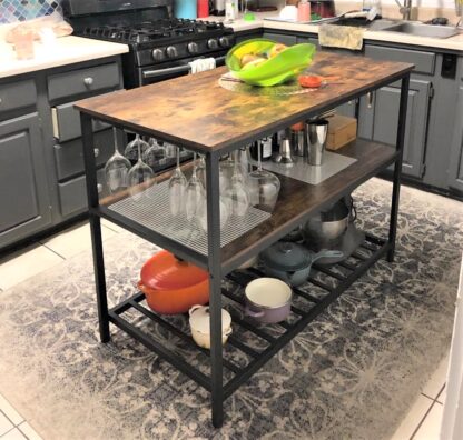 Rustic Brown Kitchen Island with 3 Shelves, 47.2 Inches Kitchen Shelf with Large Worktop, Stable Steel Structure, Industrial, Easy to Assemble