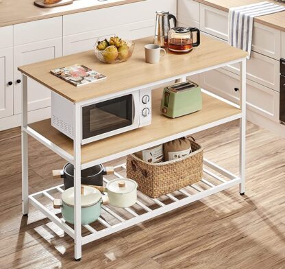 Oak Color + White Kitchen Island with 3 Shelves, 47.2 Inches Kitchen Shelf with Large Worktop, Stable Steel Structure, Industrial, Easy to Assemble