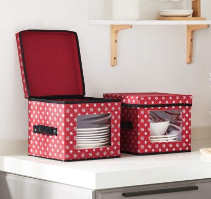 Set of 3 Red Holiday Dinnerware Storage, Dinnerware Box with Lid, Handles, Felt Dividers