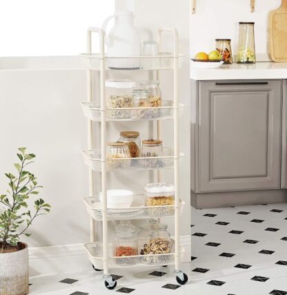 White Rolling Cart, 5-Tier Metal Storage Cart, Kitchen Storage Trolley with 2 Brakes, Utility Cart with Handles, Easy Assembly, for Bathroom