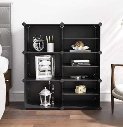 Black Cube Storage Organizer, Interlocking Plastic Cubes with Divider Design, Modular Cabinet, Bookcase, Closet Bedroom Kid’s Room