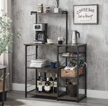 Charcoal Gray + Black Baker's Rack, Coffee Station, Microwave Oven Stand, Kitchen Shelf with Wire Basket, 6 S-Hooks, Utility Storage for Spices, Pots, and Pans