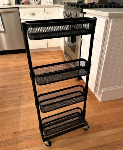 Black Slim Storage Cart, 4-Tier Slide-Out Trolley for Small Spaces, Bathroom and Kitchen, with Wire Baskets, Space Saving, Easy Assembly