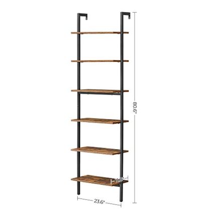 Rustic Brown + Black Industrial Ladder Shelf, 6-Tier Bookshelf, Wall Shelf - Image 3