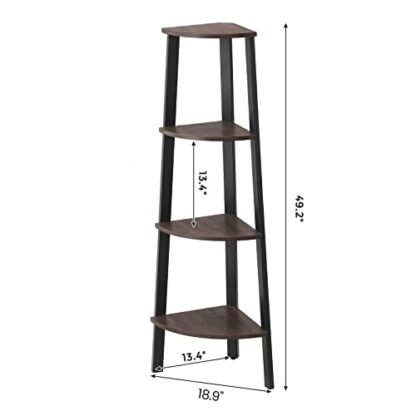 Rustic Dark Brown + Black Corner Shelf, 4-Tier Industrial Ladder Bookcase, Storage Rack - Image 4