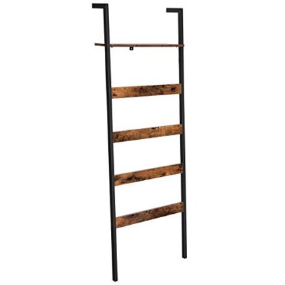 Rustic Brown + Black Blanket Ladder, Wall-Leaning Rack with Storage Shelf - Image 10