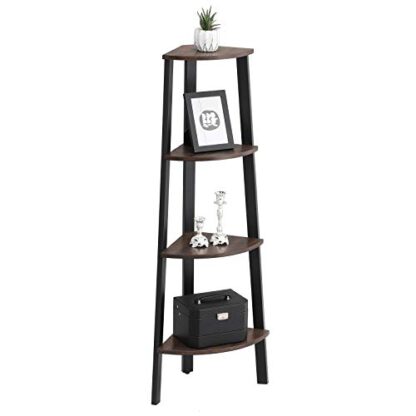 Rustic Dark Brown + Black Corner Shelf, 4-Tier Industrial Ladder Bookcase, Storage Rack - Image 2