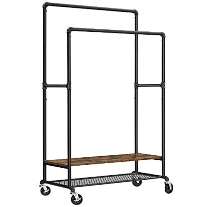 Rustic Brown + Black Rolling Clothes Rack, Double Rail Garment Rack on Wheels - Image 10