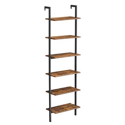 Rustic Brown + Black Industrial Ladder Shelf, 6-Tier Bookshelf, Wall Shelf - Image 10