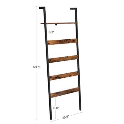 Rustic Brown + Black Blanket Ladder, Wall-Leaning Rack with Storage Shelf - Image 6