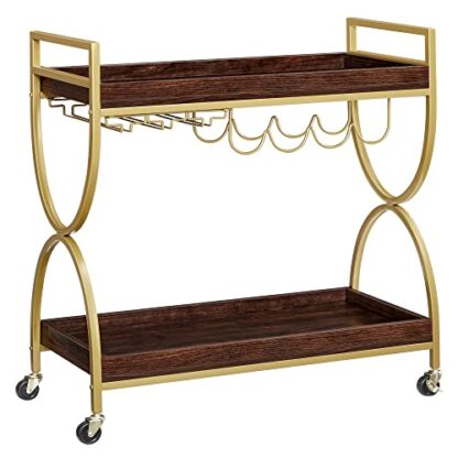 Gold + Cherrywood Bar Cart Gold, Home Bar Serving Cart, Kitchen Serving Cart with Wine Holders - Image 9