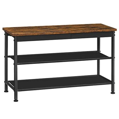 Rustic Brown + Black Shoe Bench, Shoe Rack Bench for Entryway, with 2 Fabric Storage Shelves - Image 8