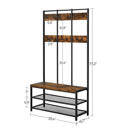 Rustic Brown + Black Large Coat Rack Stand, Coat Tree with 12 Hooks and Shoe Bench - Image 7