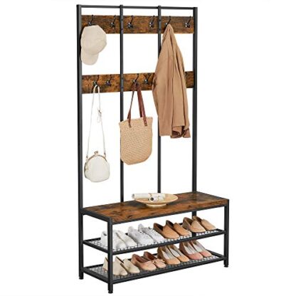 Rustic Brown + Black Large Coat Rack Stand, Coat Tree with 12 Hooks and Shoe Bench - Image 2