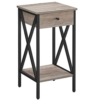 Greige + Black End Table, Side Table, Tall Nightstand with Drawer and Storage Shelf - Image 10