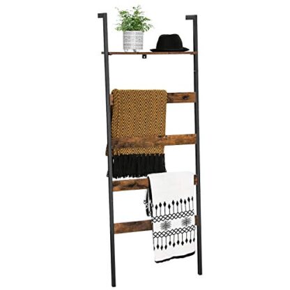 Rustic Brown + Black Blanket Ladder, Wall-Leaning Rack with Storage Shelf - Image 2