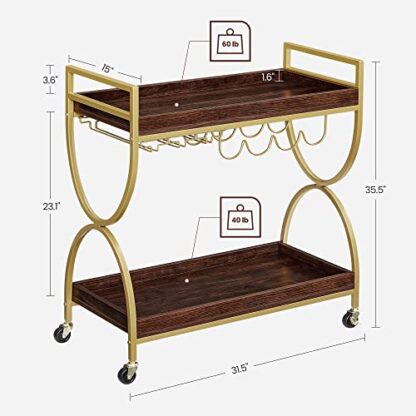 Gold + Cherrywood Bar Cart Gold, Home Bar Serving Cart, Kitchen Serving Cart with Wine Holders - Image 8