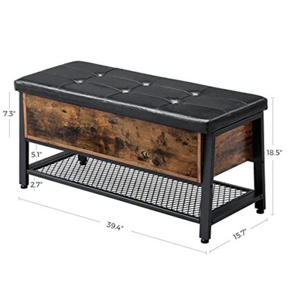 Rustic Brown + Black Storage Bench, Shoe Bench, Bed End Stool with Padded Seat and Metal Shelf - Image 3